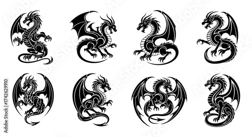Eight stylized black dragon silhouettes in various poses, showcasing intricate wing and tail designs on a white background.