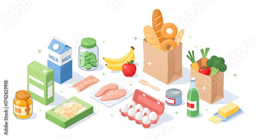 Vector art of assortment of fresh groceries and food items
