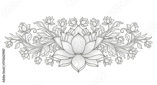 Intricate black and white illustration of a blooming lotus flower surrounded by floral embellishments.