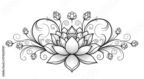 Intricate black and white illustration of a lotus flower with delicate swirls and buds.