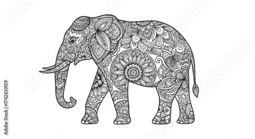 Intricate black and white illustration of a decorated elephant, standing proudly.