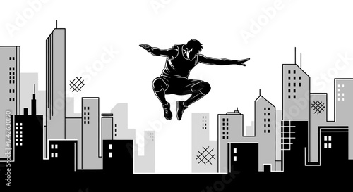 Silhouette of a person mid-air, leaping above a cityscape of buildings.