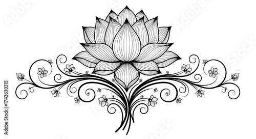 An elegant black and white illustration of a lotus flower with decorative flourishes.