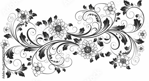 Elegant black and white floral design with swirling leaves and blossoms.