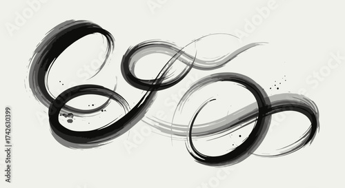 Abstract ink brushstrokes forming flowing curves and loops against a neutral background.