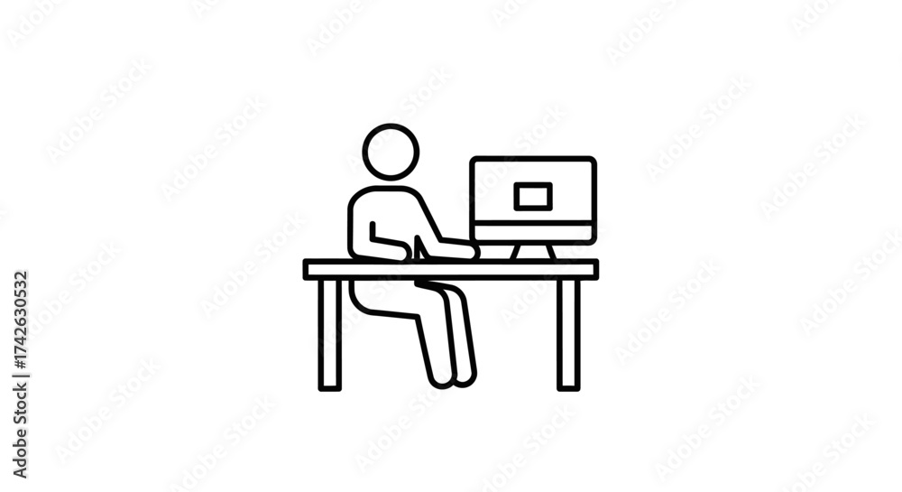 Fototapeta premium A stick figure sits at a desk, working on a computer. The scene is depicted in a simple, line art style.