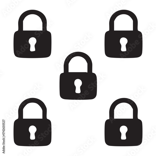 Minimalist black silhouette of locked and unlocked padlocks on white background