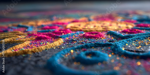 Vivid rangoli powder textures from ground level, Diwali art