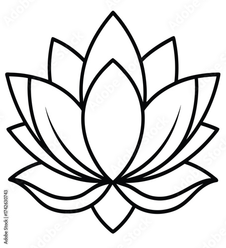Minimalist black line drawing of a sacred lotus blossom. This simple and elegant floral shape is an ideal symbol for spa, yoga, and holistic branding designs