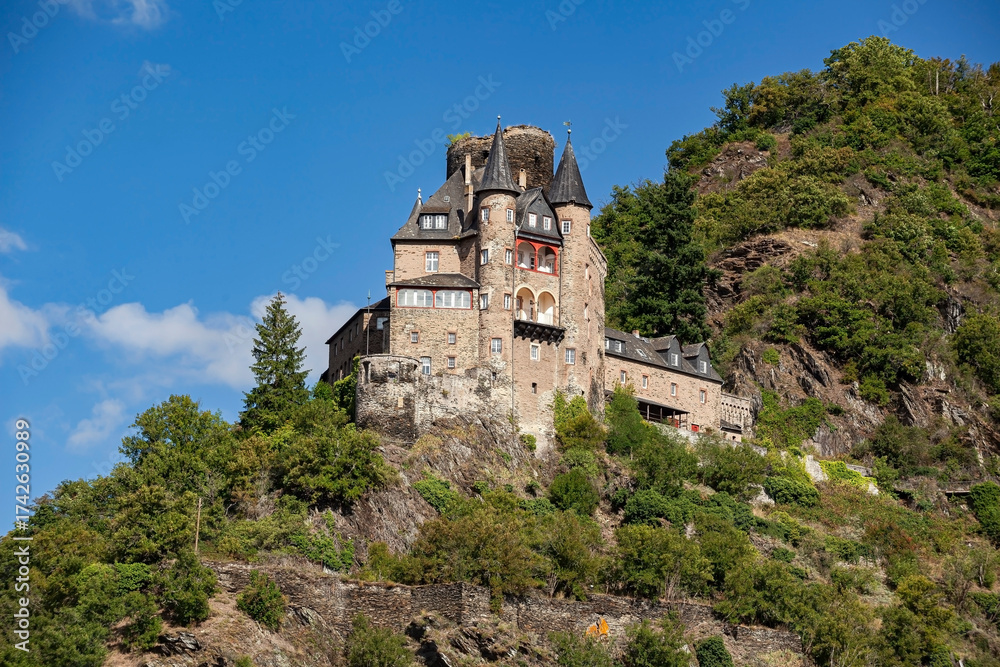 Obraz premium View of Katz Castle, Patersberg, UNESCO World Heritage Upper Middle Rhine Valley, Rhineland-Palatinate, Germany, Europe