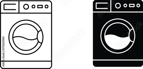 Modern washing machine icon set, black and white laundry appliance vector illustration, minimal household equipment design, front load washer graphic