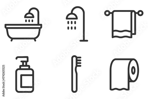 The image is a collection of bathroom icons, including a bathtub, shower, toilet, and toothbrush. Vector.