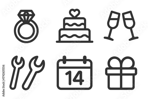 A wedding ring, a cake, a pair of glasses, a box, a pair of scissors, and a pair of pliers. Vector.