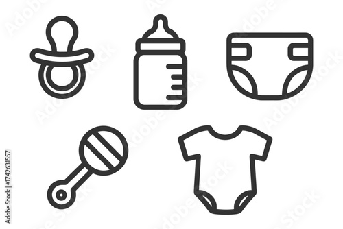 A set of baby items including a pacifier, bottle, diaper, and a baby toy. The items are all black and white. Vector.