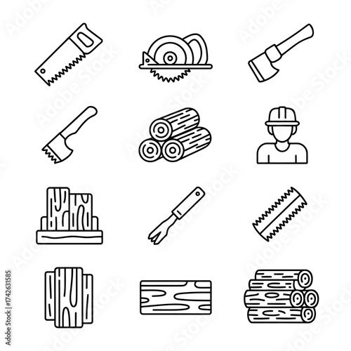 Set of Line Art Icons Representing Woodworking and Logging Equipment with a Construction Worker Outline Symbol