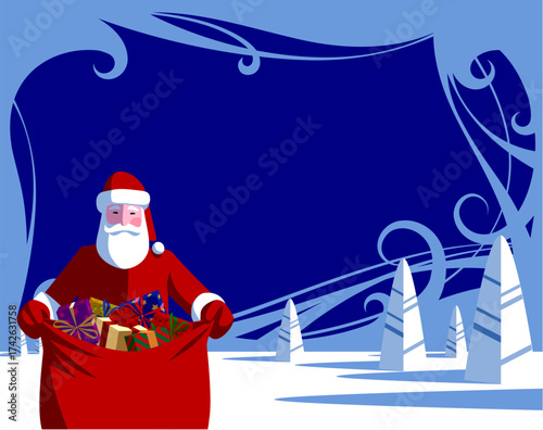 Christmas and New Year greeting card with the image of Santa Claus with a large red gift bag against a winter landscape and a decorative swirl frame on blue background. Vector Illustration
