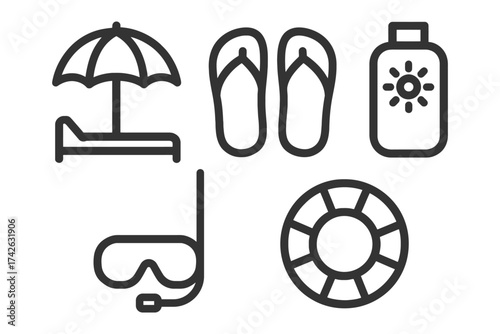 A series of icons for beach and pool items. The icons include a beach umbrella, a beach chair, a pair of flip flops, a pair of goggles. Vector.