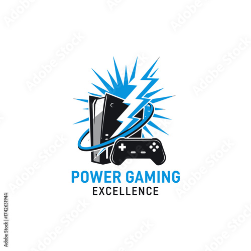 A dynamic logo featuring a gaming console and controller with a lightning bolt symbolizing power and excellence.