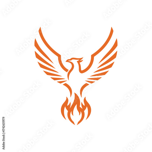 An orange phoenix illustration with outstretched wings and flames rising from the bottom.