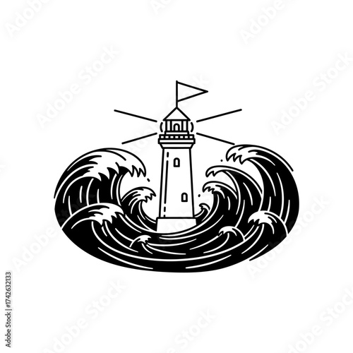 Lighthouse stands tall amidst crashing waves during a stormy night, symbolizing guidance and resilience in the face of adversity.