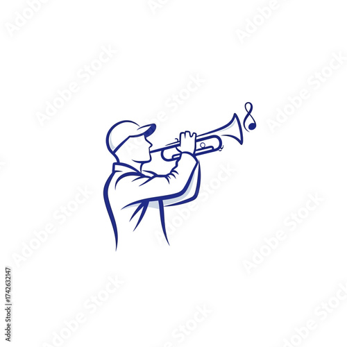 Monoline illustration of a person wearing a cap, playing a trumpet with a musical note indicating sound.