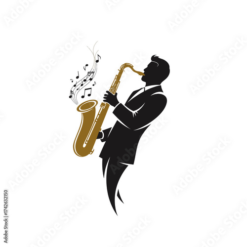 Silhouette of a musician playing a saxophone, with musical notes floating upwards.