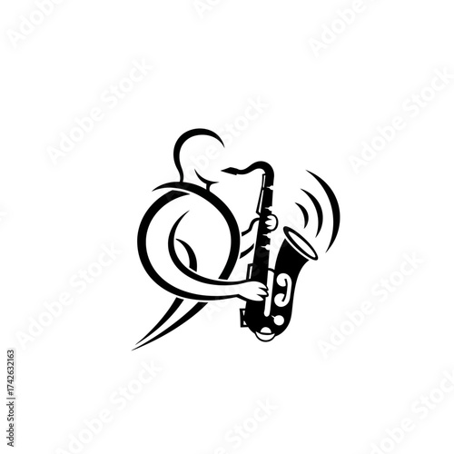 A stylized black and white illustration of a person playing a saxophone, with musical notes emanating from the instrument.