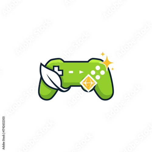 Eco-friendly gaming concept icon featuring a green gamepad with a natural leaf and a valuable sparkling gem.