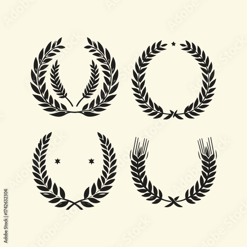 silhouette of Wheat barley ears, oat isolated frames and wreaths. Grains graphic, rice or malt icons. Gluten pictogram, cereal