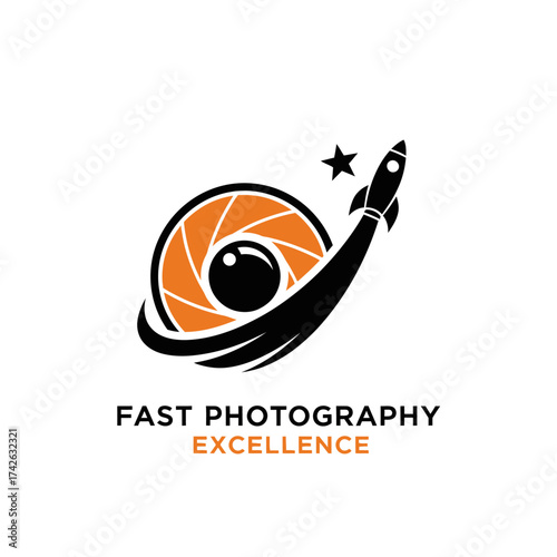 Creative logo design featuring a camera lens, rocket, and star, representing fast and excellent photography.