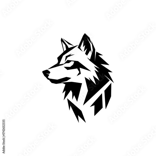 A striking black and white graphic illustration of a wolf's head in profile, featuring sharp, angular lines and a fierce expression.