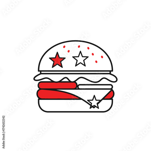 A detailed illustration of a burger with red and white elements, and star decorations.