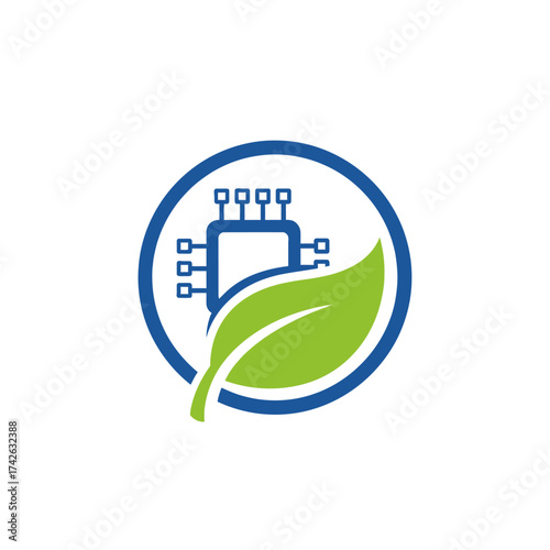 A circular logo featuring a blue circuit board chip intertwined with a vibrant green leaf, symbolizing eco-friendly technology.