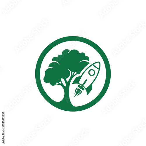 A green circular logo featuring a stylized tree and a rocket launching upwards, symbolizing growth and progress.