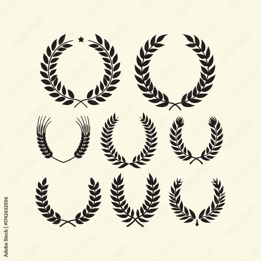 Obraz premium silhouette of Wheat barley ears, oat isolated frames and wreaths. Grains graphic, rice or malt icons. Gluten pictogram, cereal