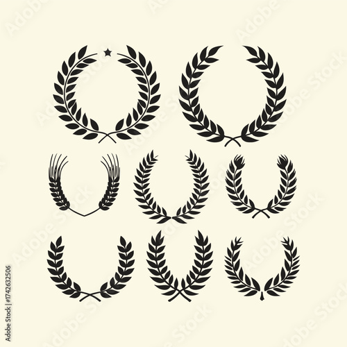 silhouette of Wheat barley ears, oat isolated frames and wreaths. Grains graphic, rice or malt icons. Gluten pictogram, cereal