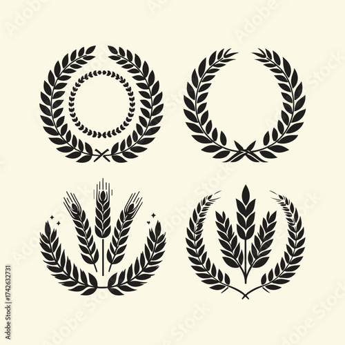 silhouette of Wheat barley ears, oat isolated frames and wreaths. Grains graphic, rice or malt icons. Gluten pictogram, cereal