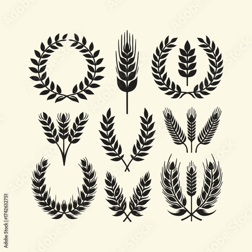silhouette of Wheat barley ears, oat isolated frames and wreaths. Grains graphic, rice or malt icons. Gluten pictogram, cereal