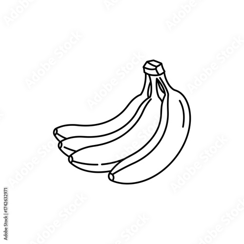 Bunch of bananas lying on white surface, ready to be peeled and eaten, in simple line art style, minimalist and clean.