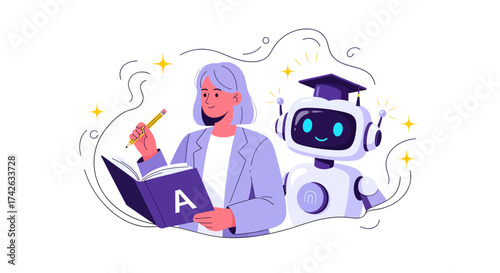 Vector art of woman teaching robot with book and pencil