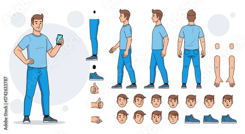Vector art of man character model sheet with different poses and expressions