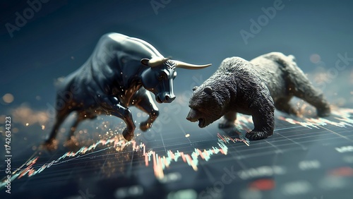Financial concept featuring a bull and bear confronting over a stock chart