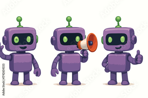 Three cute purple robots with antennas