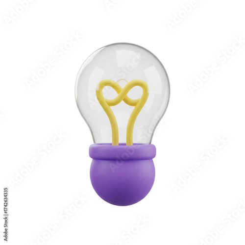 3d cartoon light bulb with a purple base and yellow filament on black background