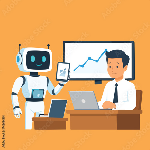 Robot showing a business man a smartphone with a growth chart