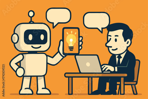 Robot showing a business man a smartphone with an idea lightbulb