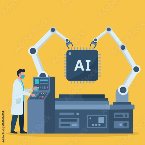 Scientist working with robotic arms and ai chip in laboratory