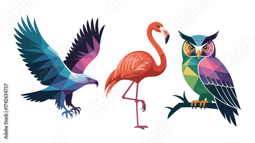 Stunning geometric animals artwork featuring vibrant eagle, flamingo, and owl - modern wildlife design, scalable vector art for creative projects