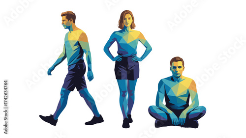 Modern geometric figures in motion, representing diversity, fitness, and active lifestyles, great for health, wellness, and sports campaigns