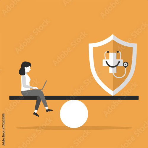 Woman on seesaw with laptop and health shield